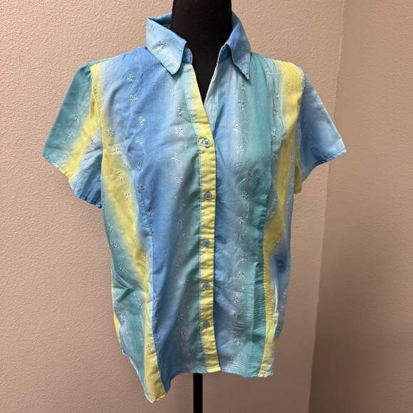 Lemon Grass Studio Blue Yellow Embroidered Button Shirt Medium Summer Top - Picture 2 of 10